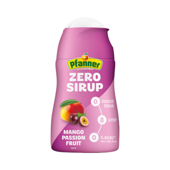 Pfanner ZERO Sirup Mango-Passionsfrucht, 1:140 verdünnbar, ergibt 8 Liter, 57ml Pfanner ZERO Sirup Mango-Passionsfrucht, 1:140 verduennbar Produktbild, Vorderseite der Verpackung